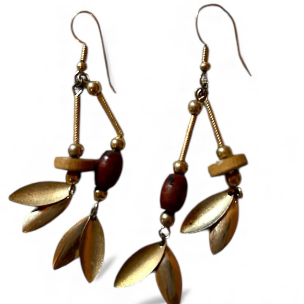 Vintage 70s Gold & Brown Dangle Earrings Natural Earthy Leaf Motif Festival Boho